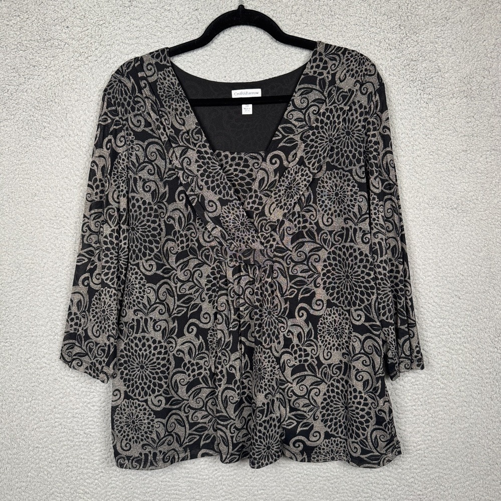 Croft & Barrow Top Womens 2X Black‎ Floral Office Career Button Artsy Stretch